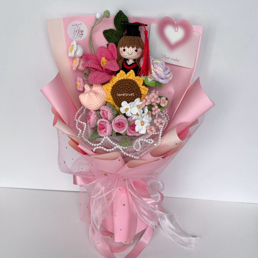 handicroft singapore handmade crochet everlasting graduation flower bouquet cherished memories in 6 colours big pink