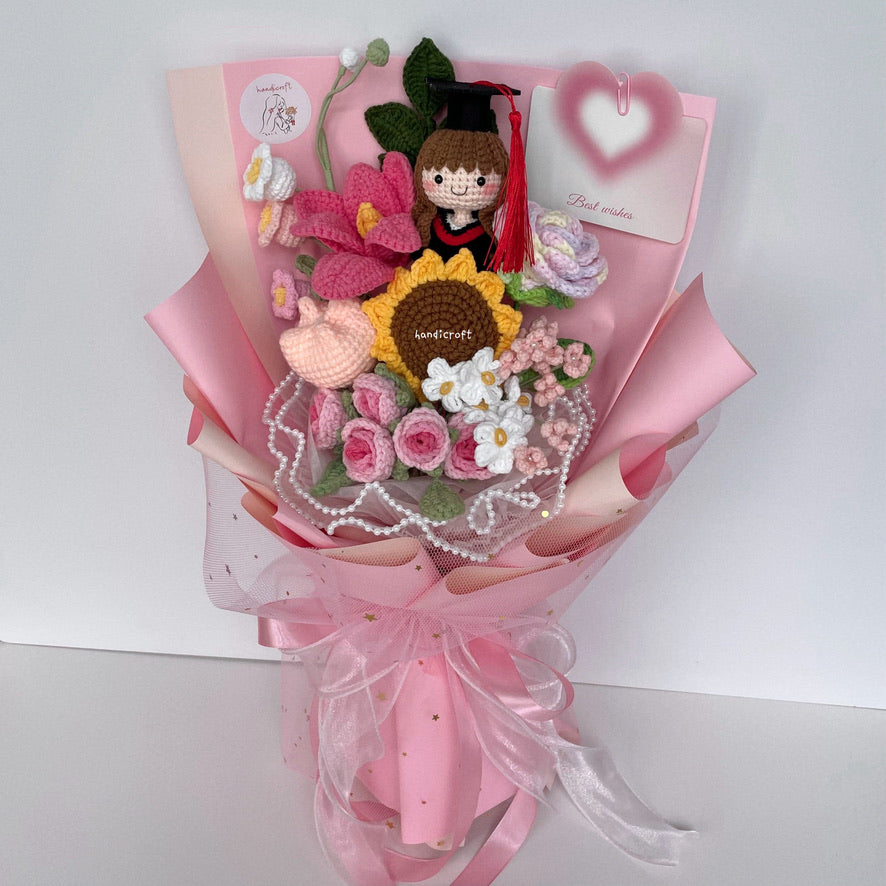 handicroft singapore handmade crochet everlasting graduation flower bouquet cherished memories in 6 colours big pink