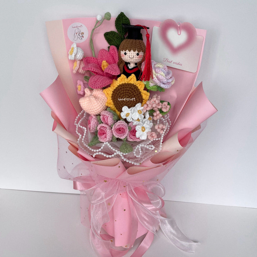 handicroft singapore handmade crochet everlasting graduation flower bouquet cherished memories in 6 colours big pink