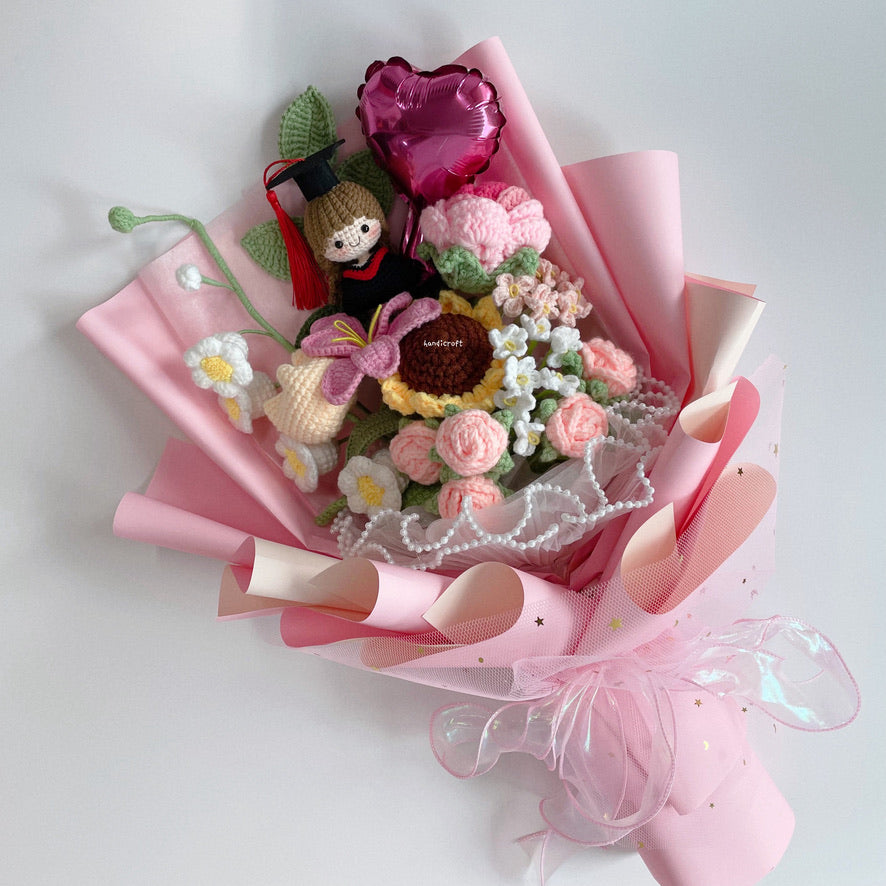 handicroft singapore handmade crochet everlasting graduation flower bouquet cherished memories in 6 colours big pink