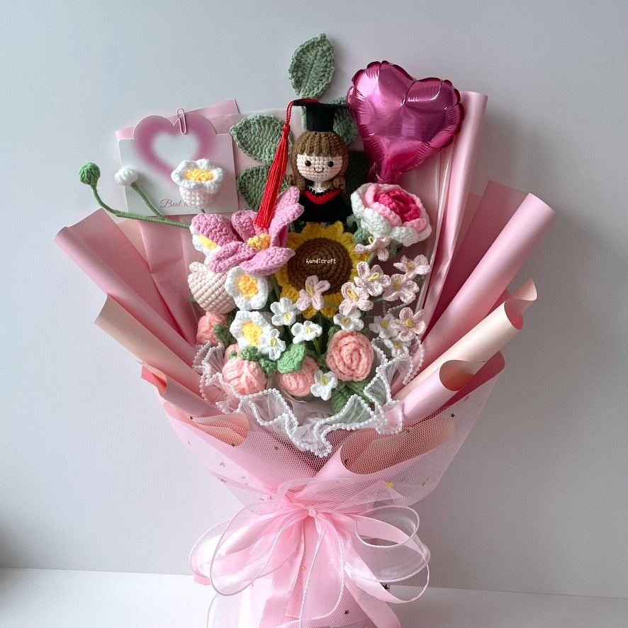handicroft singapore handmade crochet everlasting graduation flower bouquet cherished memories in 6 colours big pink