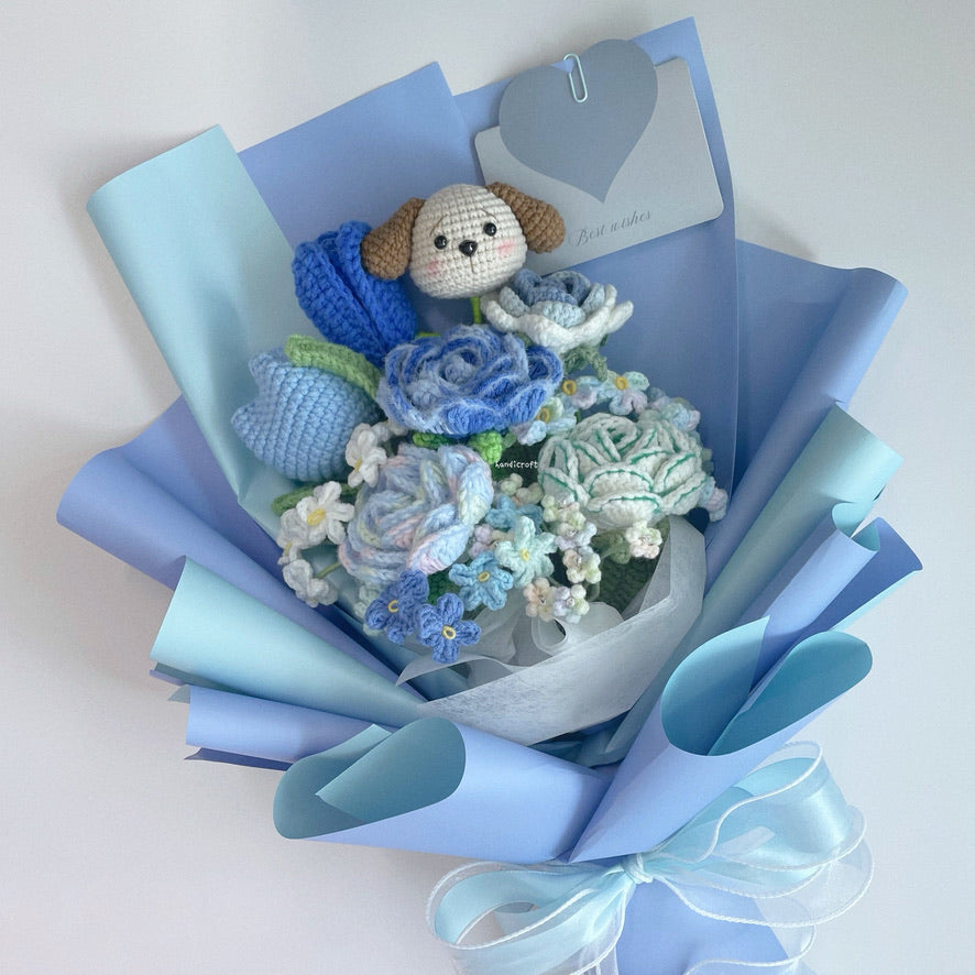 handicroft singapore handmade crochet flower bouquet blue lover dog character