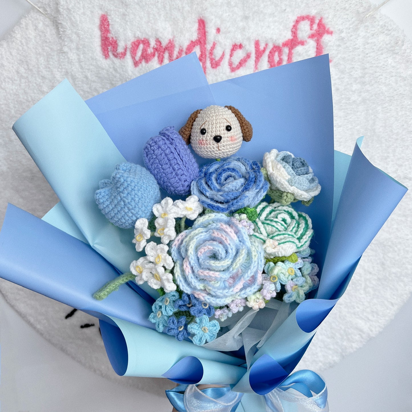 handicroft singapore handmade crochet flower bouquet blue lover dog character