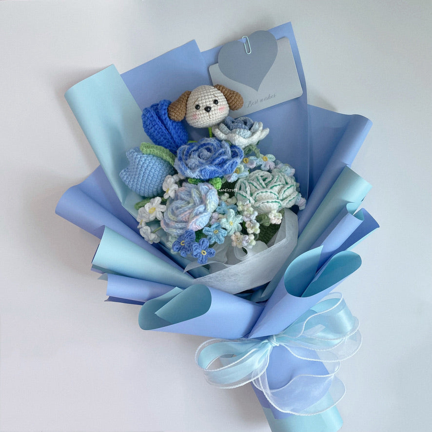 handicroft singapore handmade crochet flower bouquet blue lover dog character