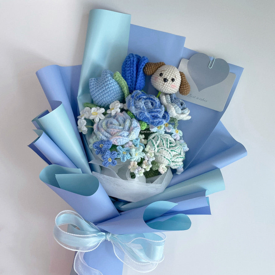 handicroft singapore handmade crochet flower bouquet blue lover dog character