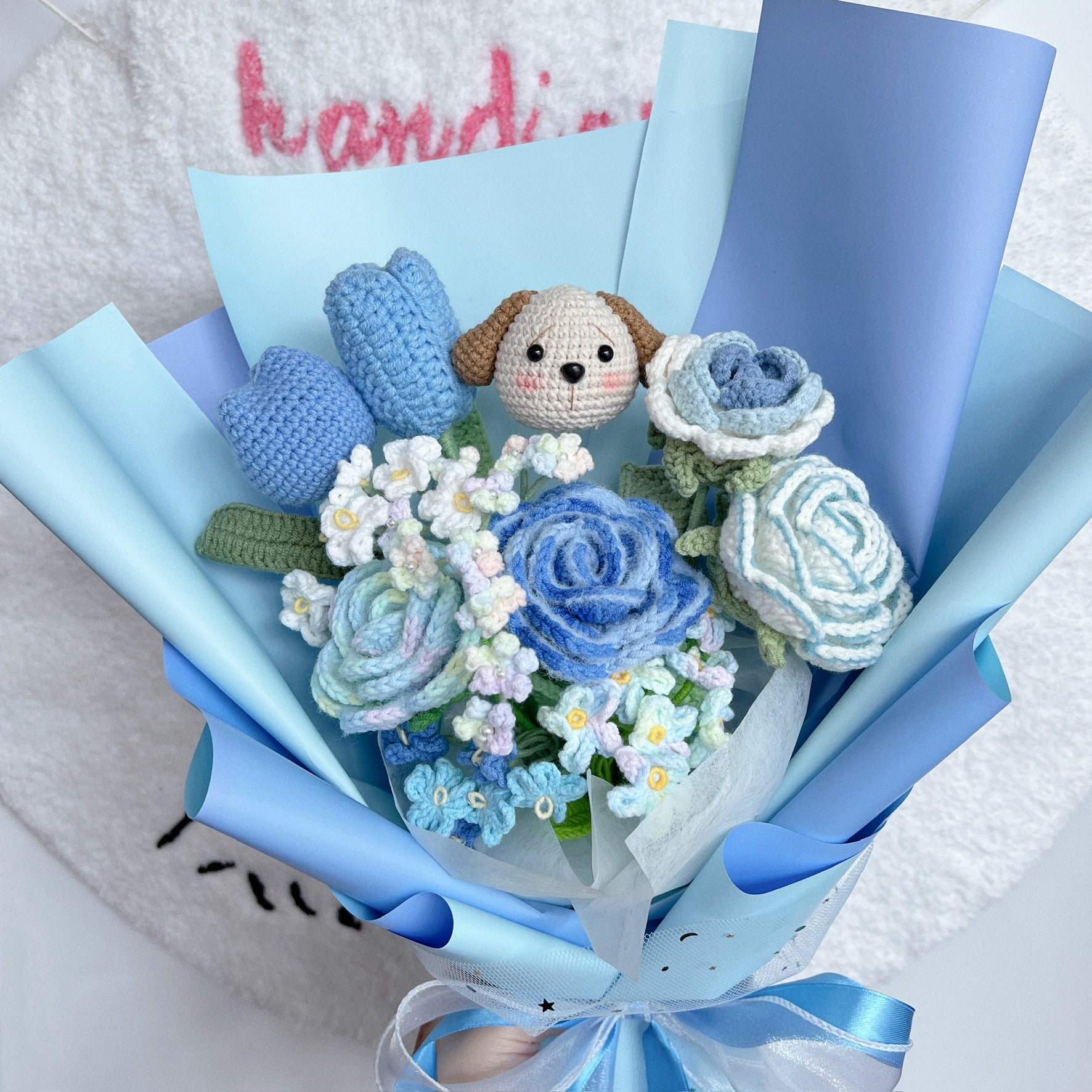 handicroft singapore handmade crochet flower bouquet blue lover dog character