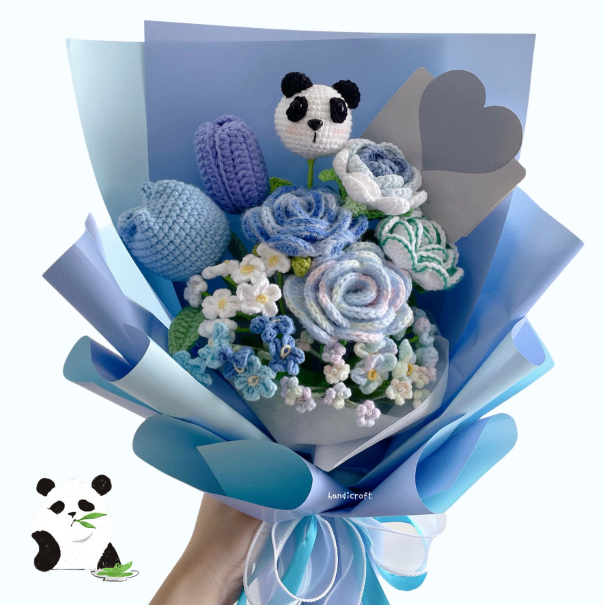 handicroft singapore handmade crochet flower bouquet blue lover panda character