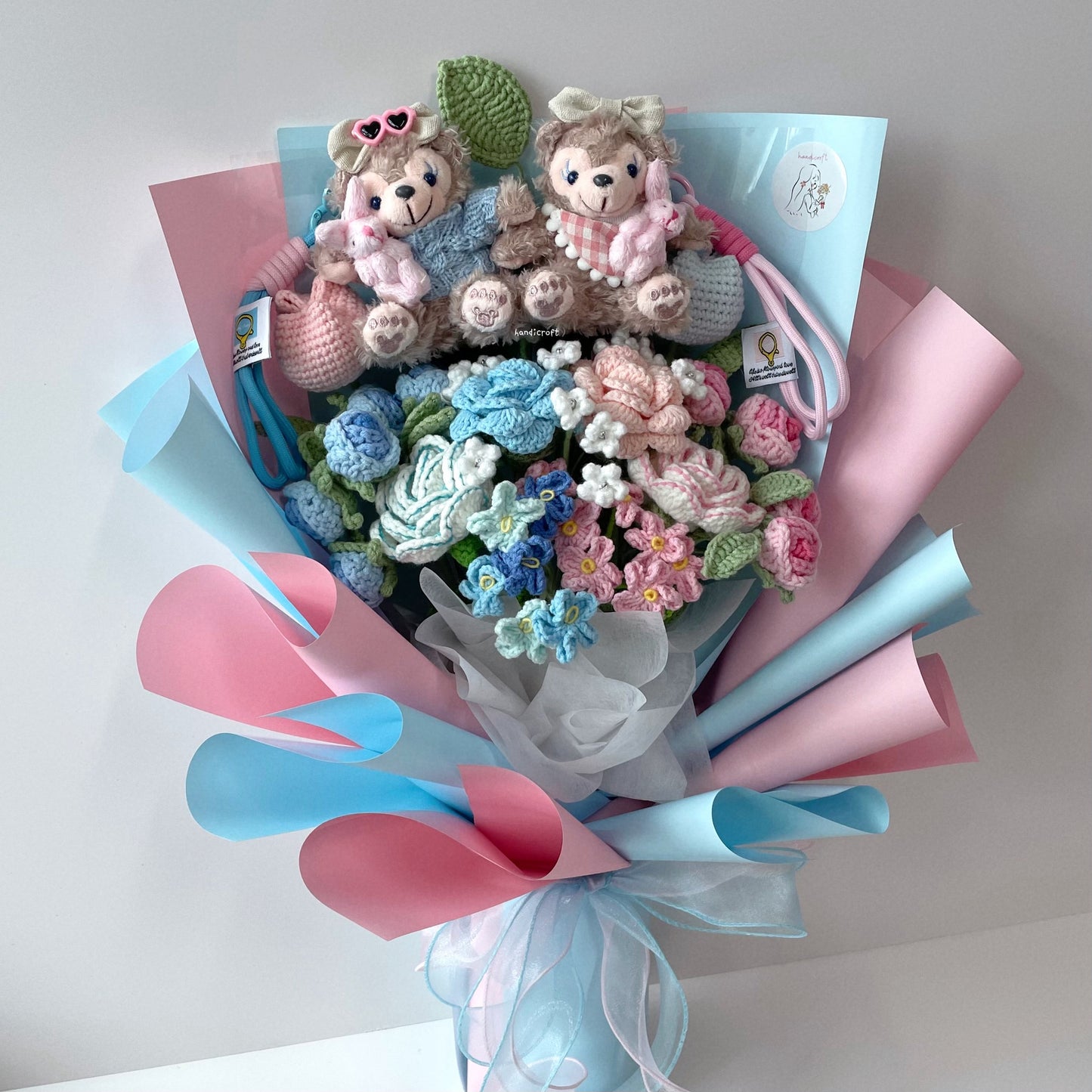handicroft singapore handmade crochet flower bouquet disney shelliemay bear-y in love pink and blue