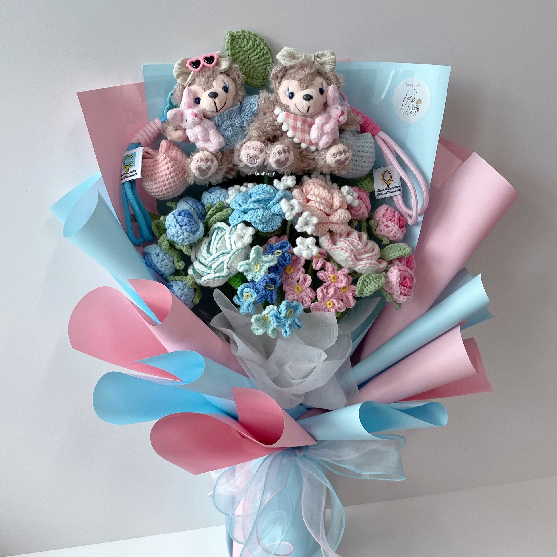handicroft singapore handmade crochet flower bouquet disney shelliemay bear-y in love pink and blue