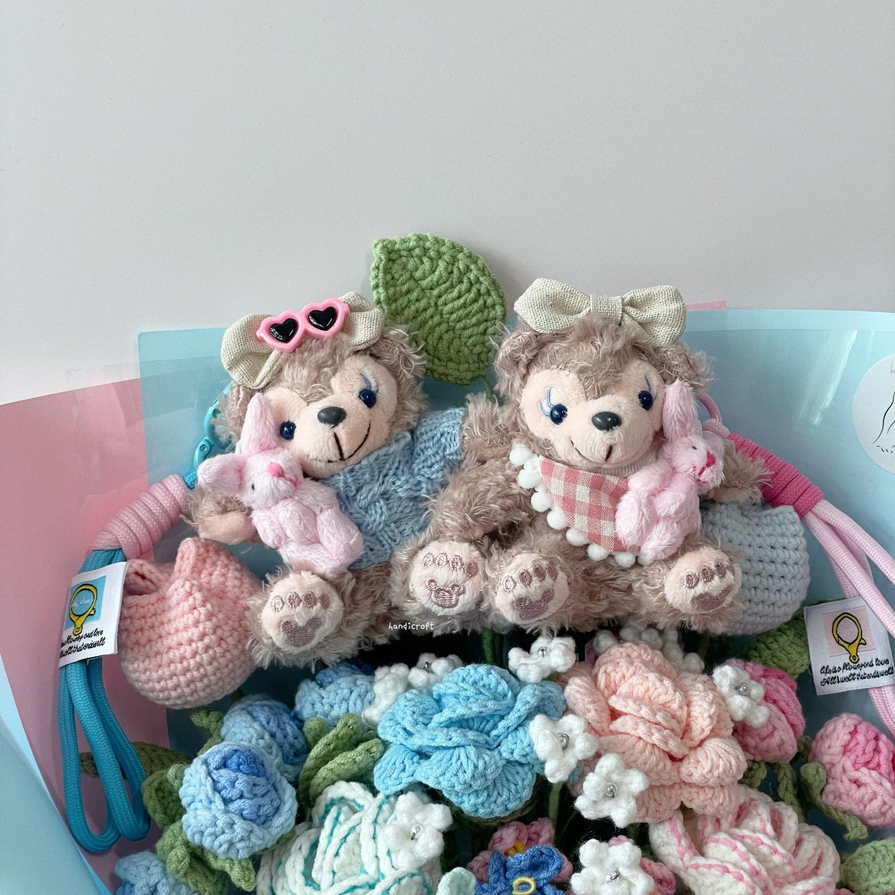 handicroft singapore handmade crochet flower bouquet disney shelliemay bear-y in love pink and blue