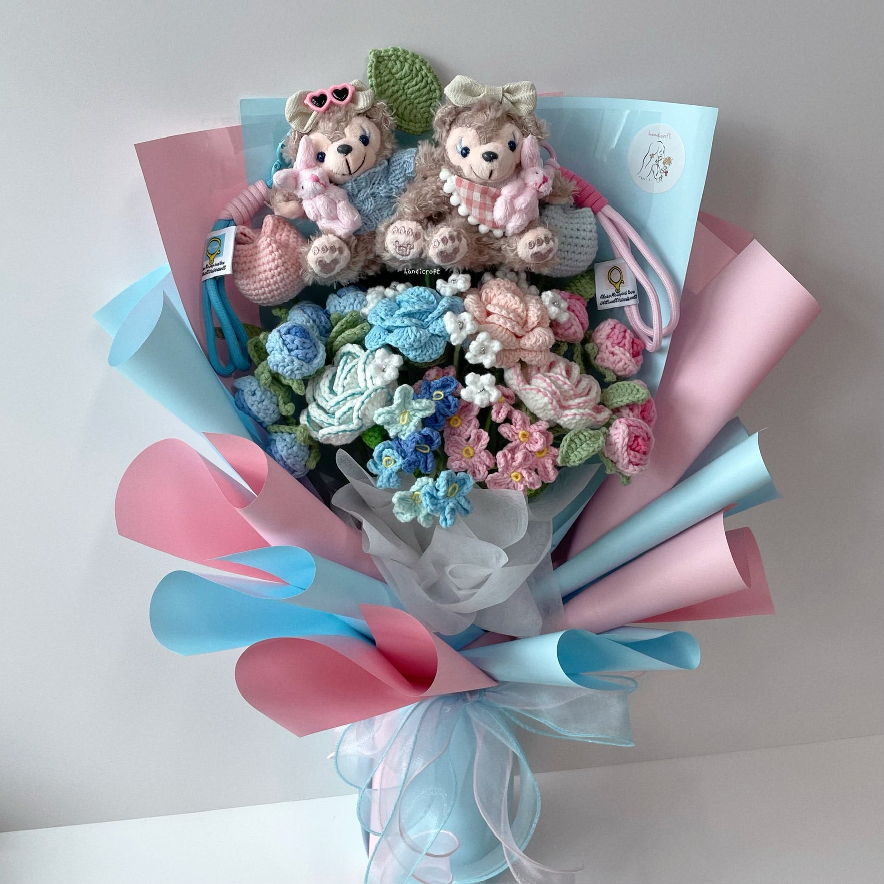 handicroft singapore handmade crochet flower bouquet disney shelliemay bear-y in love pink and blue