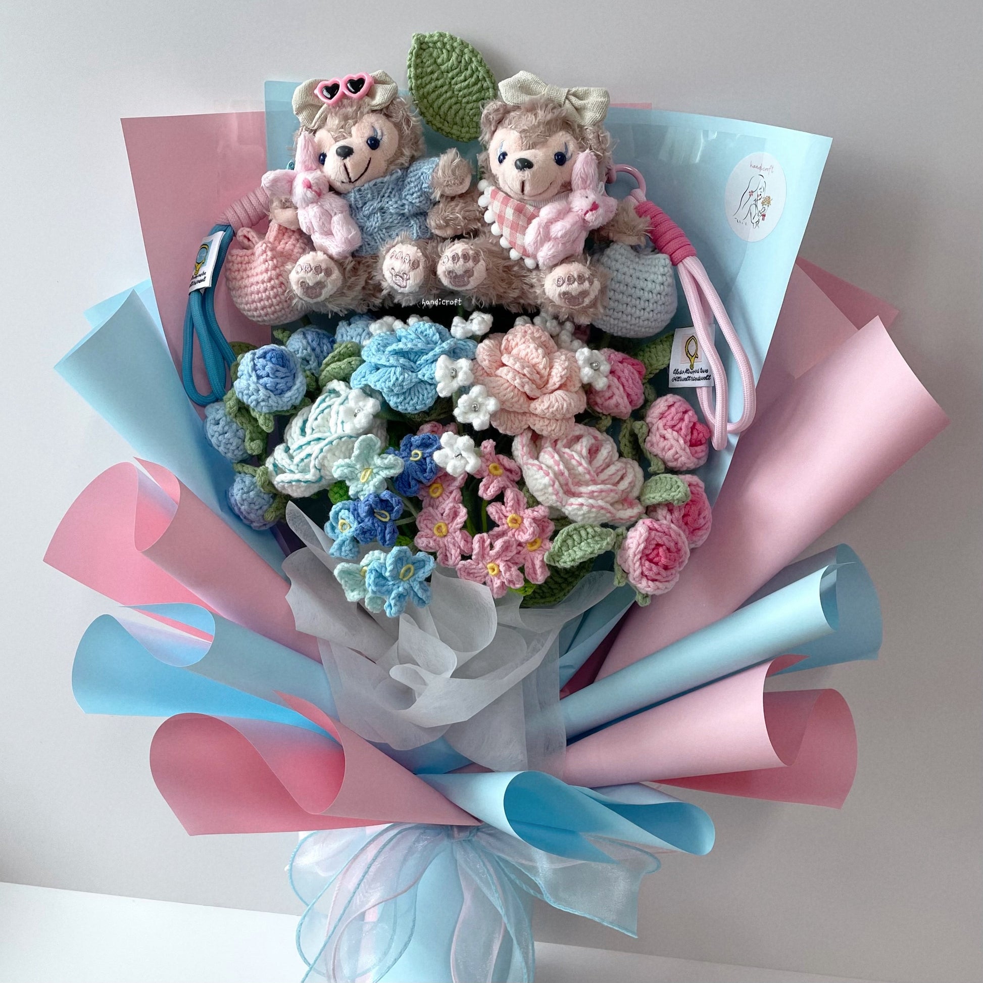 handicroft singapore handmade crochet flower bouquet disney shelliemay bear-y in love pink and blue