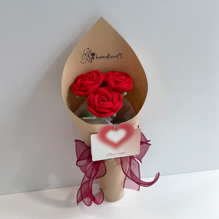 handicroft singapore handmade crochet flower bouquet nature in bloom red roses 3 stalks