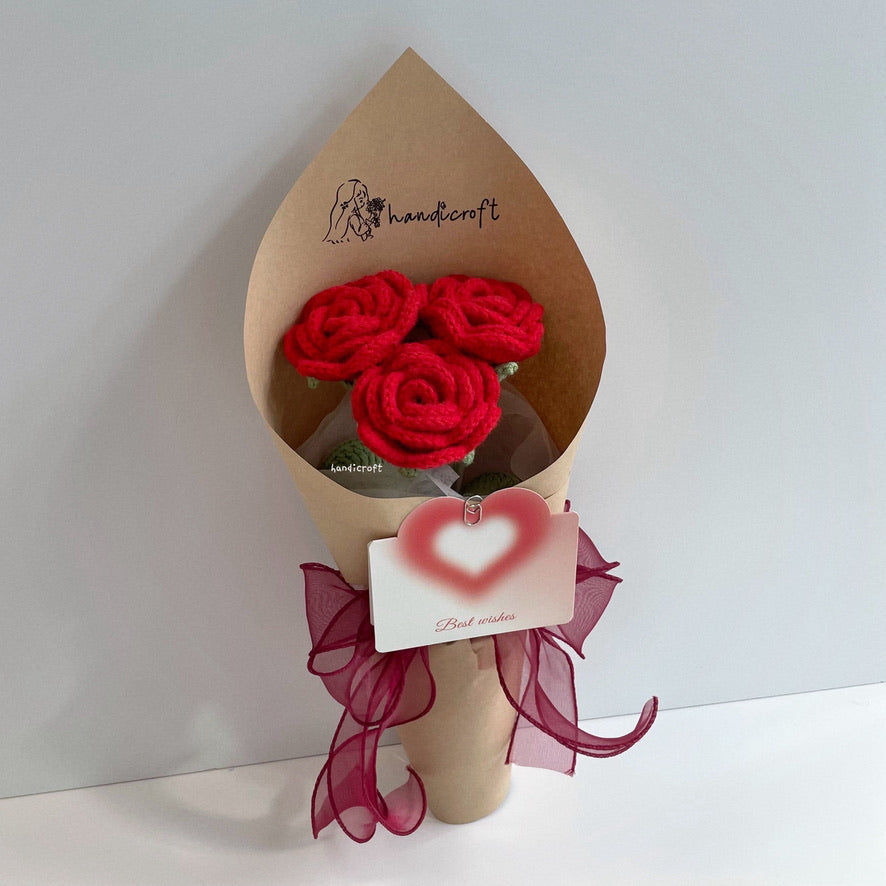 handicroft singapore handmade crochet flower bouquet nature in bloom red roses 3 stalks