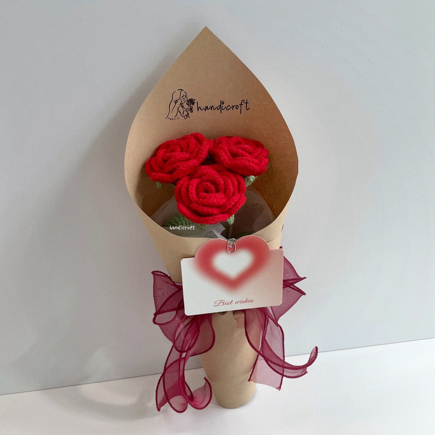 handicroft singapore handmade crochet flower bouquet nature in bloom red roses 3 stalks
