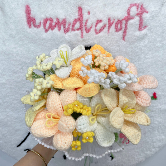 handicroft singapore handmade crochet flower bouquet open tulip yellow orange white theme tropical sunrise