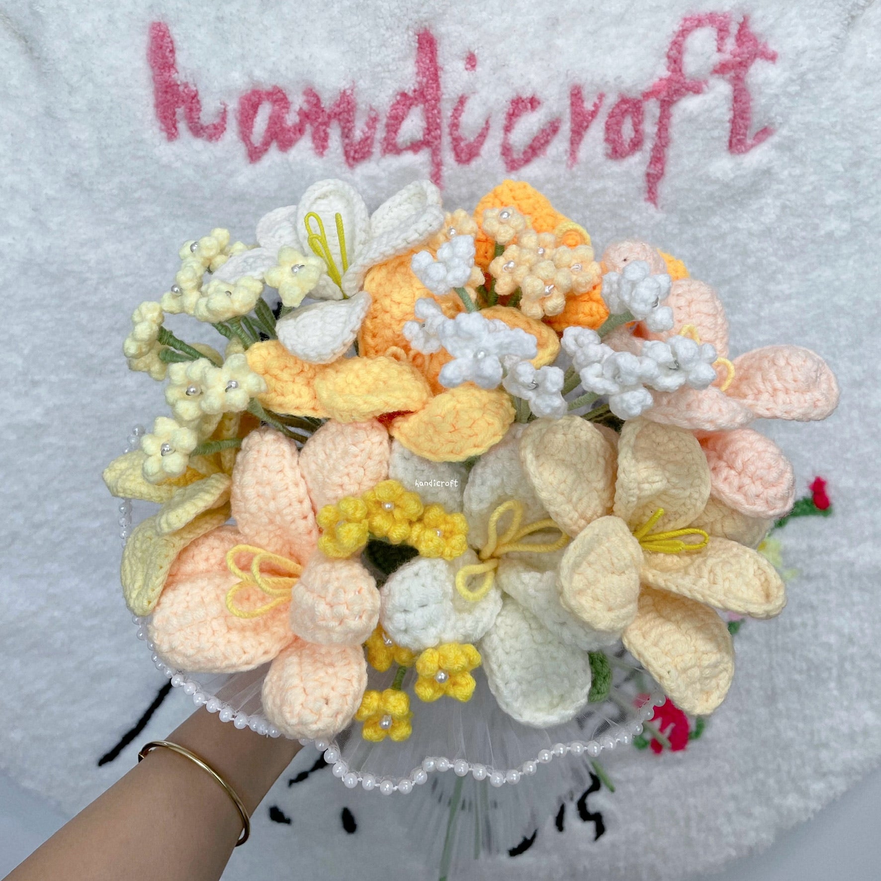 handicroft singapore handmade crochet flower bouquet open tulip yellow orange white theme tropical sunrise