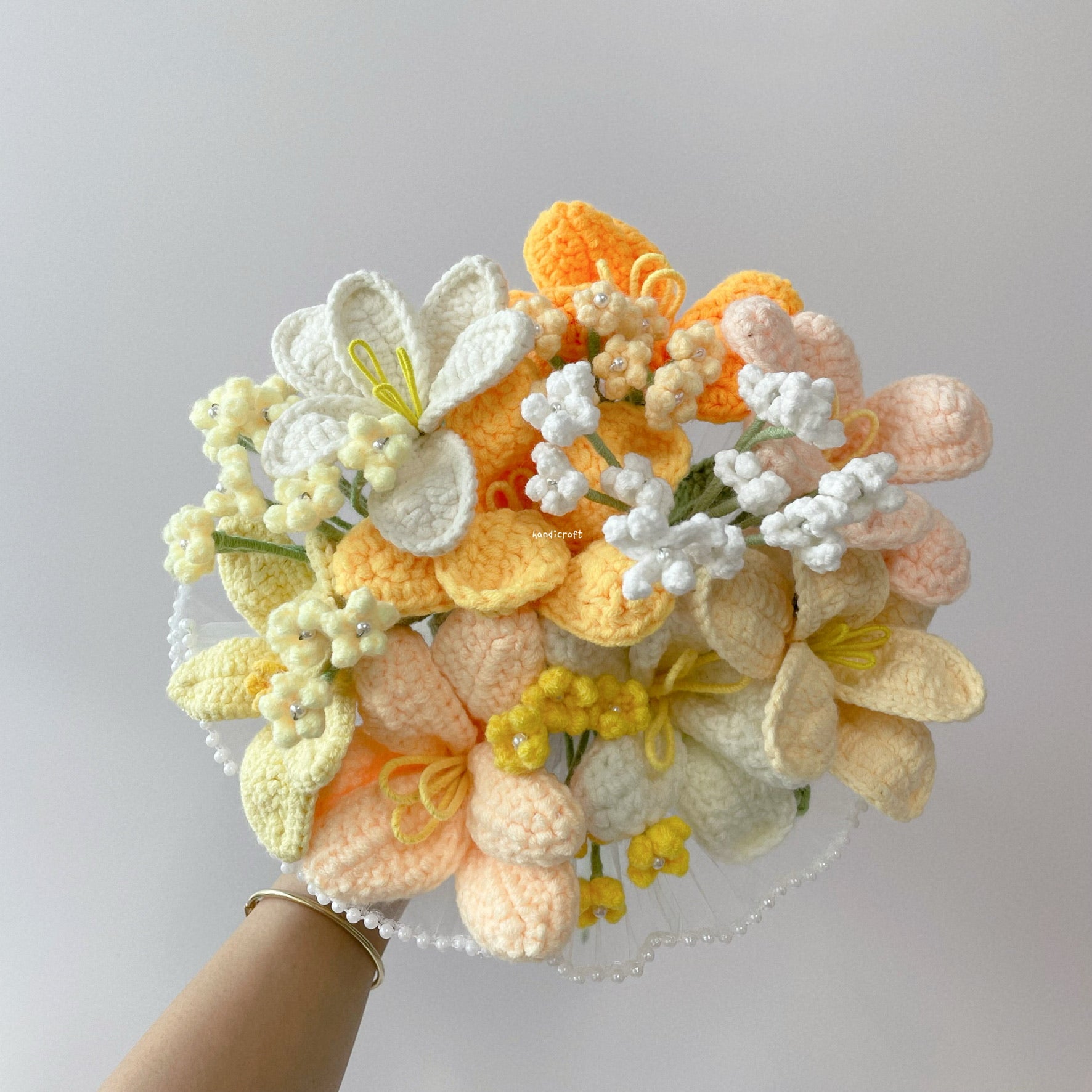 handicroft singapore handmade crochet flower bouquet open tulip yellow orange white theme tropical sunrise