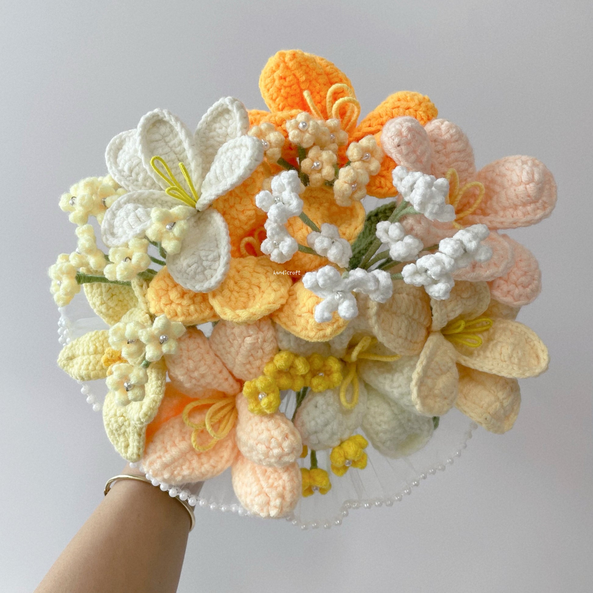 handicroft singapore handmade crochet flower bouquet open tulip yellow orange white theme tropical sunrise