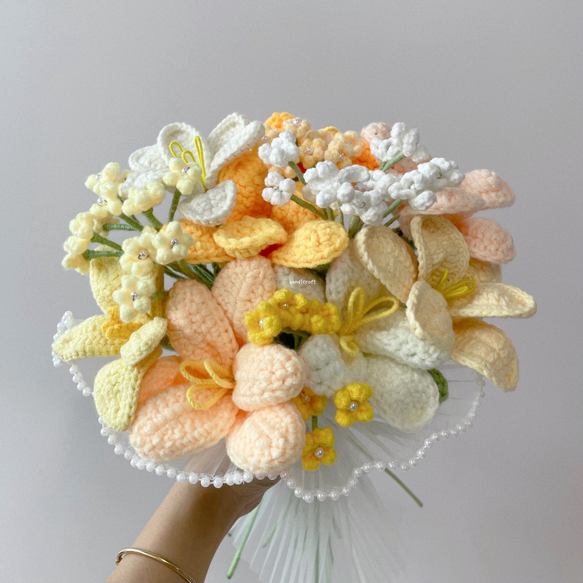 handicroft singapore handmade crochet flower bouquet open tulip yellow orange white theme tropical sunrise