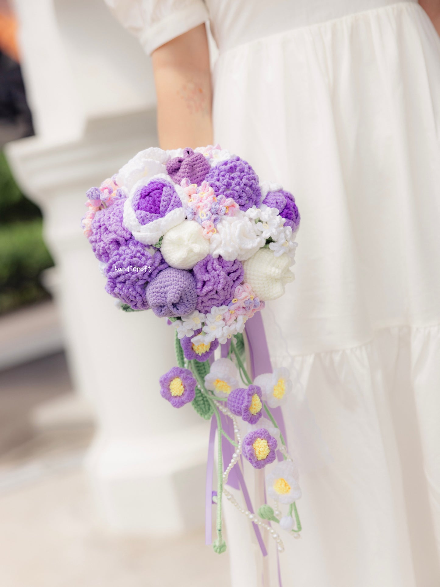 handicroft singapore handmade crochet flower bouquet purple bridal cascading wedding bouquet
