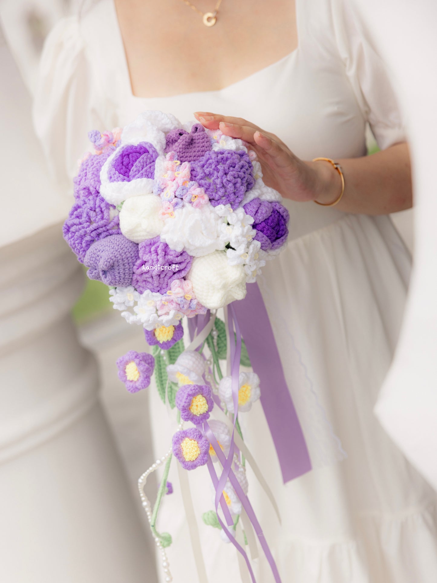 handicroft singapore handmade crochet flower bouquet purple bridal cascading wedding bouquet