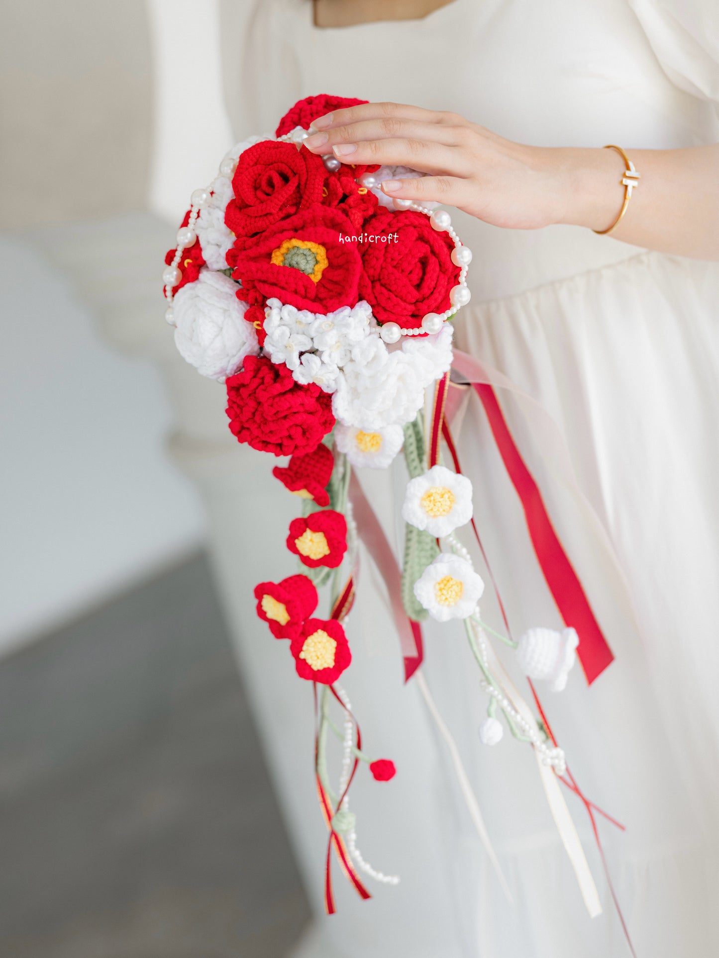 handicroft singapore handmade crochet flower bouquet red bridal cascading wedding bouquet
