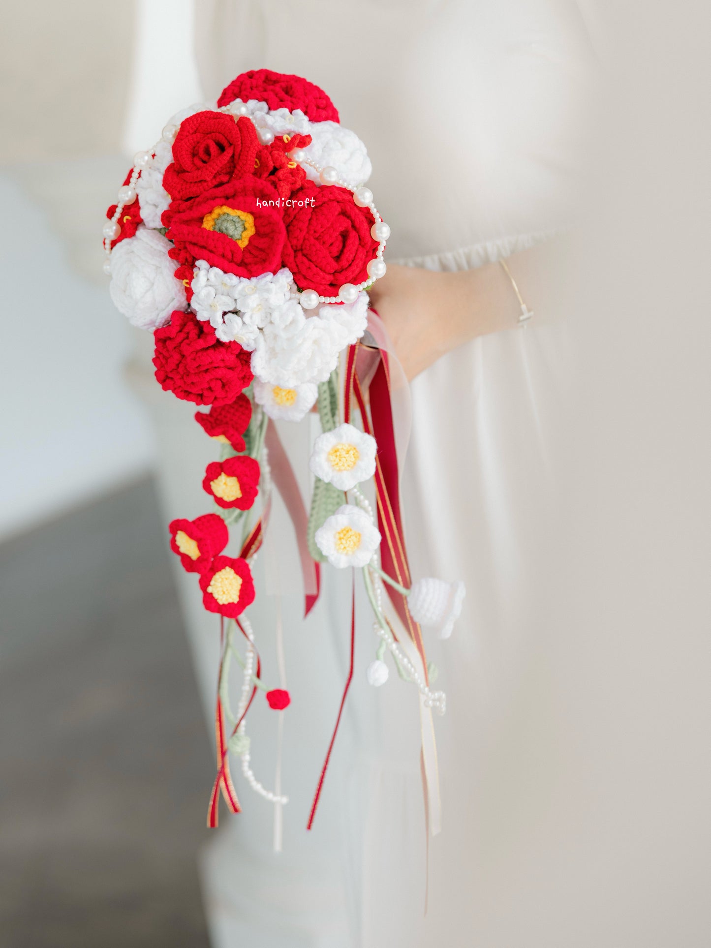 handicroft singapore handmade crochet flower bouquet red bridal cascading wedding bouquet