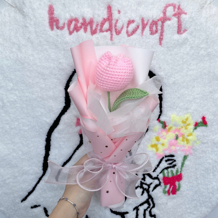 handicroft singapore handmade crochet flower single stalk chubby tulip in 11 colours baby pink wrapped