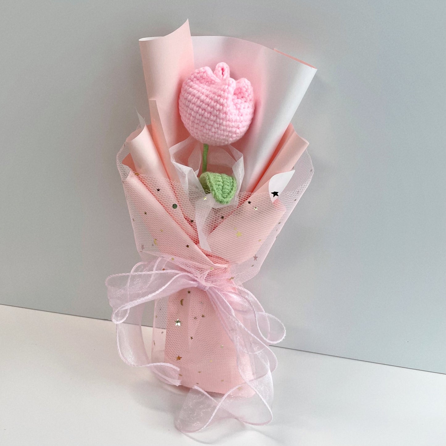 handicroft singapore handmade crochet flower single stalk chubby tulip in 11 colours baby pink wrapped