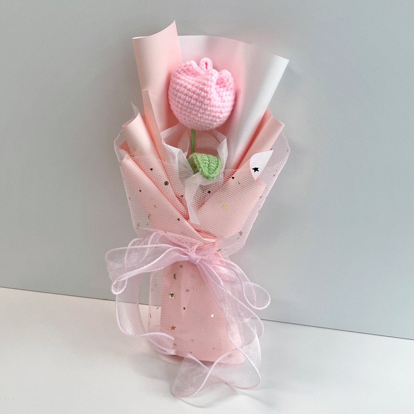 handicroft singapore handmade crochet flower single stalk chubby tulip in 11 colours baby pink wrapped