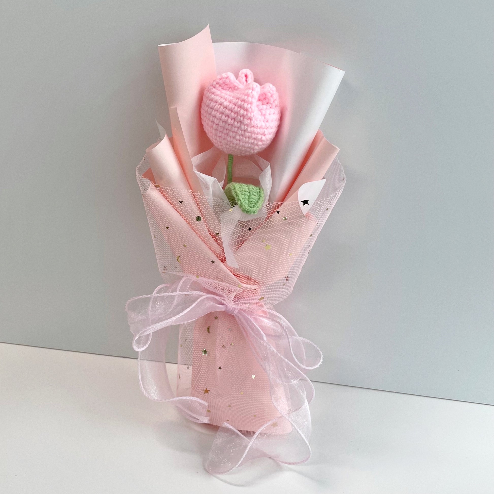 handicroft singapore handmade crochet flower single stalk chubby tulip in 11 colours baby pink wrapped