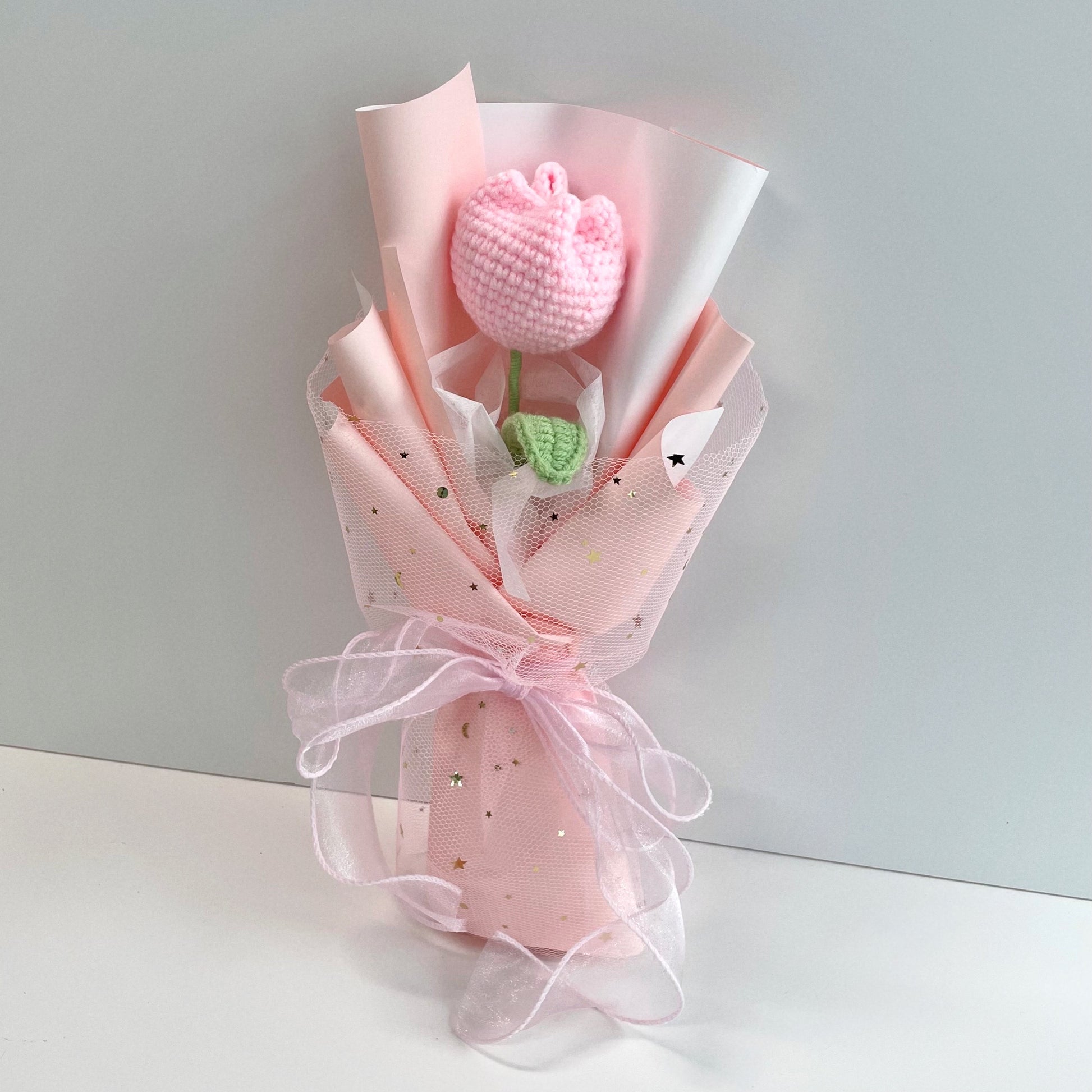 handicroft singapore handmade crochet flower single stalk chubby tulip in 11 colours baby pink wrapped