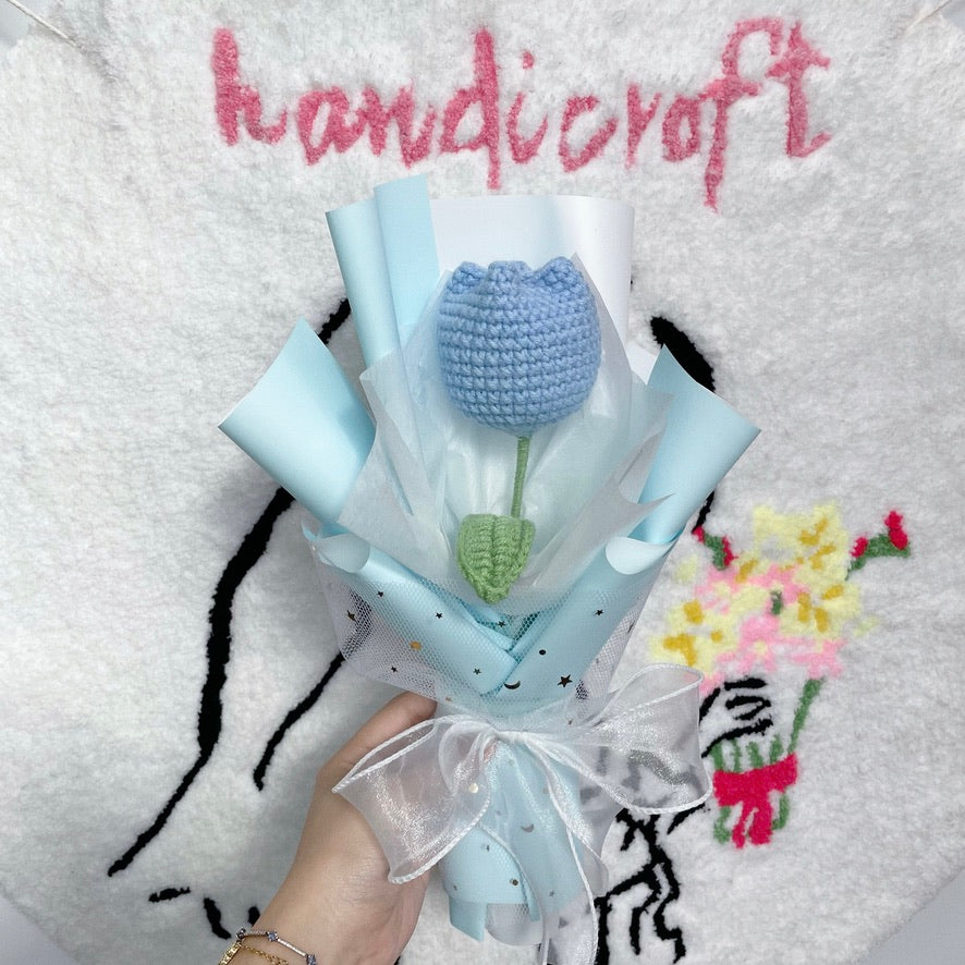 handicroft singapore handmade crochet flower single stalk chubby tulip in 11 colours light blue wrapped