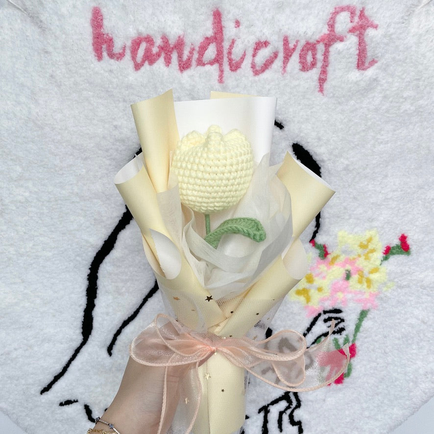 handicroft singapore handmade crochet flower single stalk chubby tulip in 11 colours light yellow wrapped
