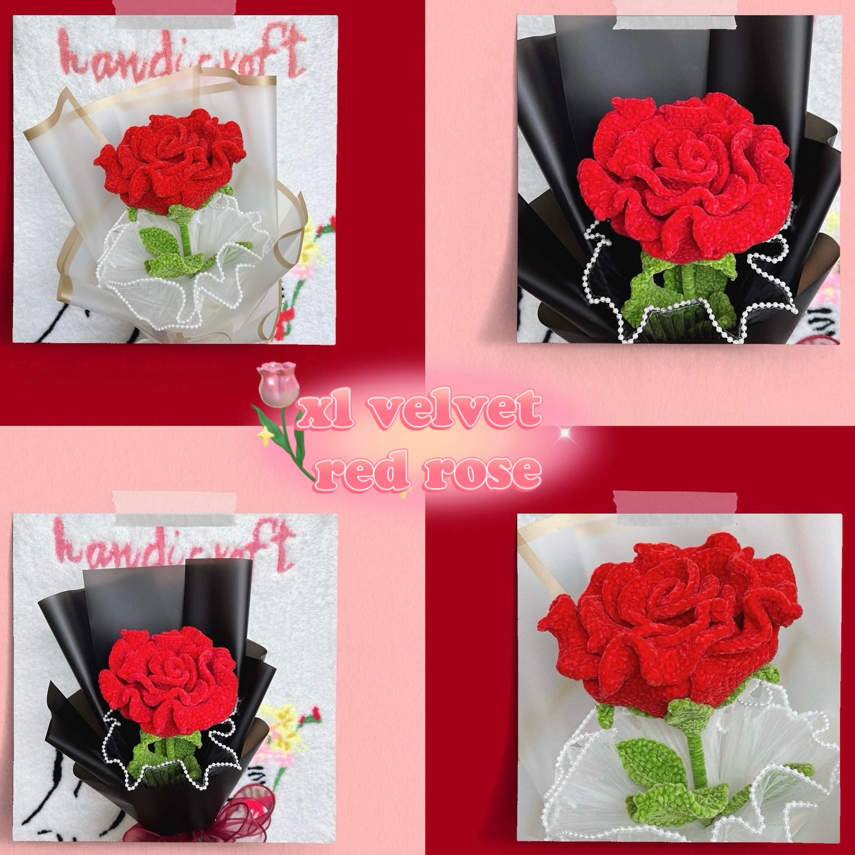 handicroft singapore handmade crochet giant jumbo velvet red rose flower stalk