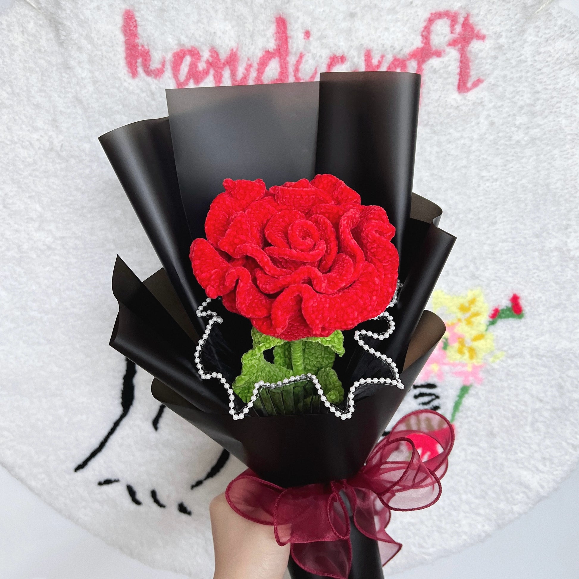 handicroft singapore handmade crochet giant jumbo velvet red rose flower stalk