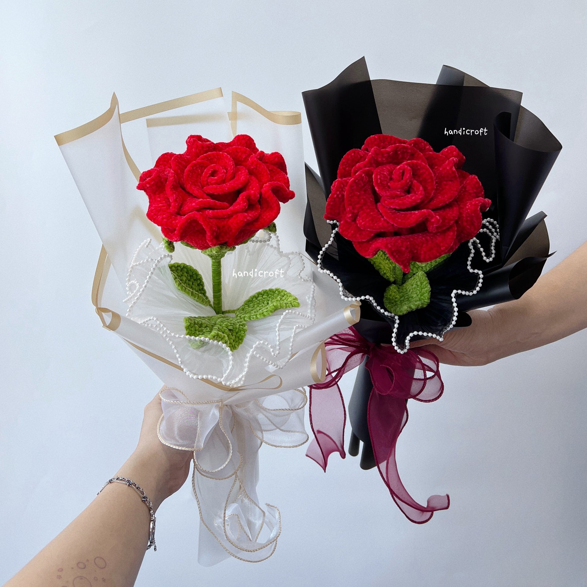 handicroft singapore handmade crochet giant jumbo velvet red rose flower stalk