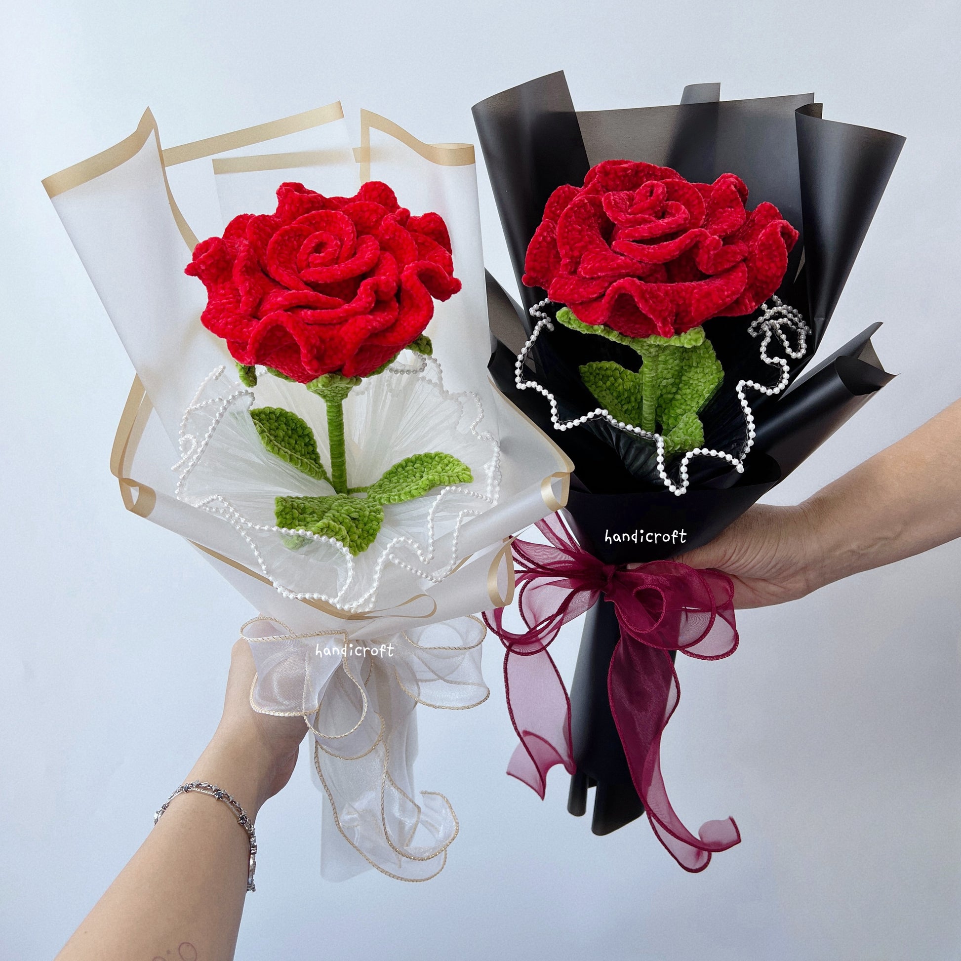handicroft singapore handmade crochet giant jumbo velvet red rose flower stalk