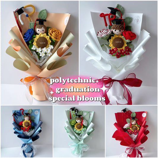 handicroft singapore handmade crochet graduation flower bouquet 5 polytechnics special blooms