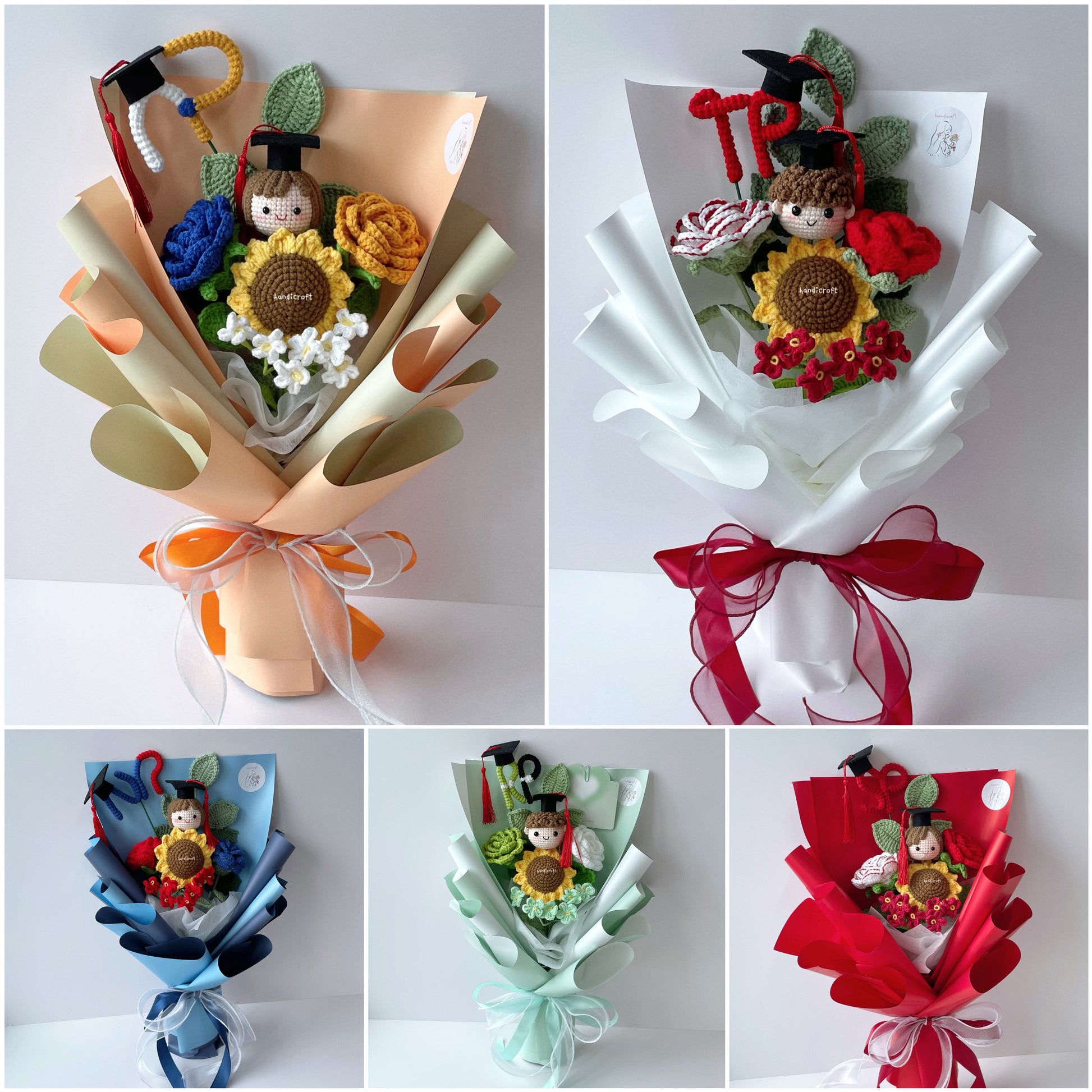 handicroft singapore handmade crochet graduation flower bouquet 5 polytechnics special blooms