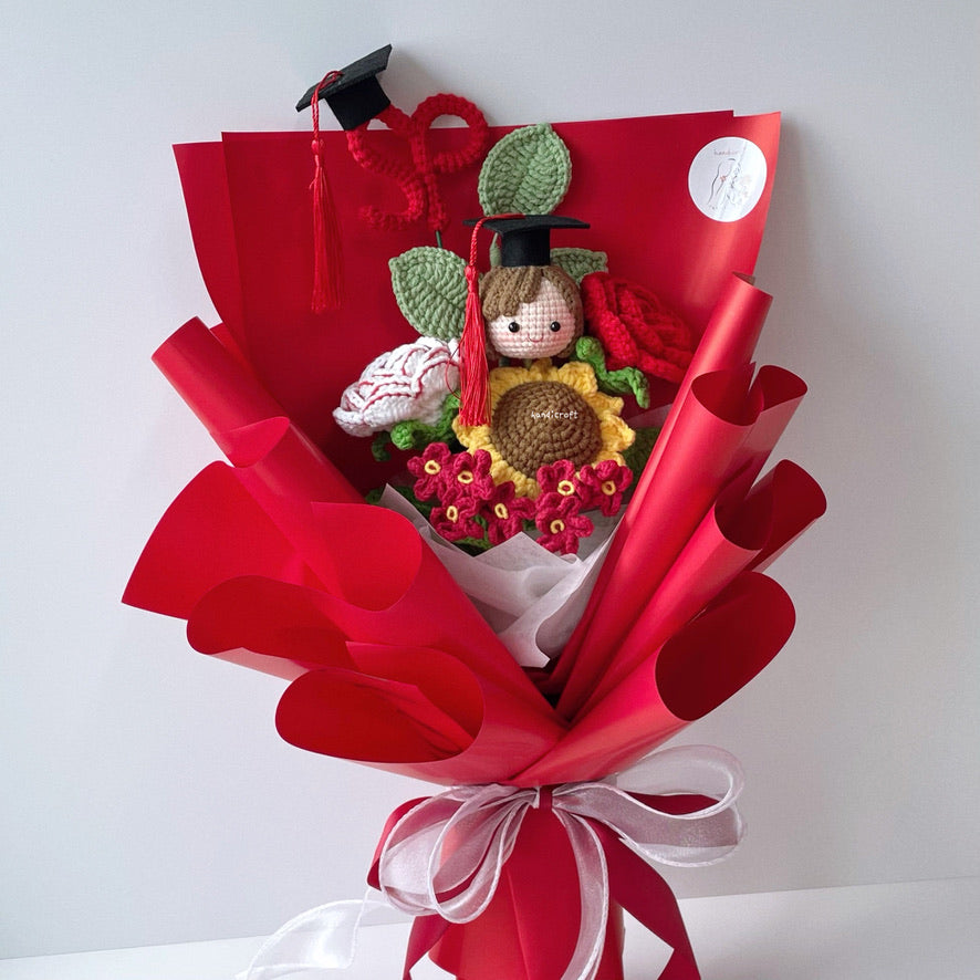 handicroft singapore handmade crochet graduation flower bouquet 5 polytechnics special blooms singapore polytechnic SP