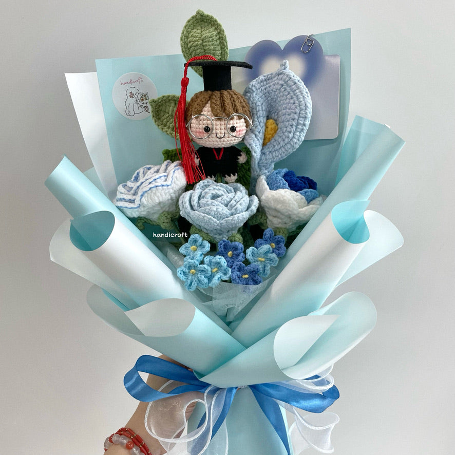 handicroft singapore handmade crochet graduation flower bouquet grad goals blue
