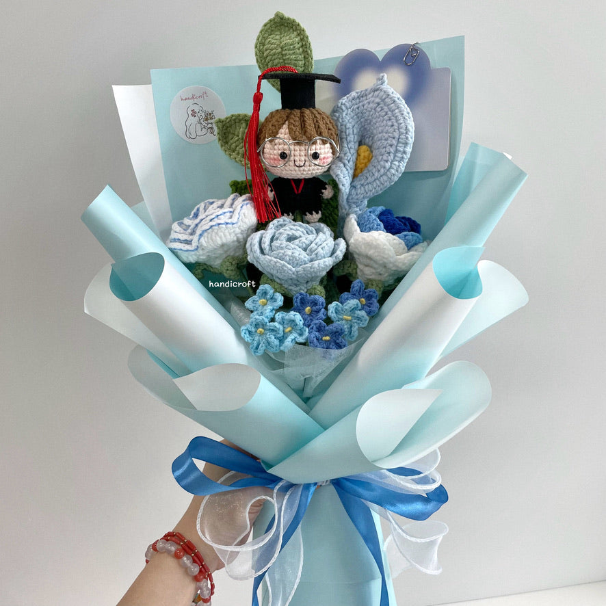 handicroft singapore handmade crochet graduation flower bouquet grad goals blue