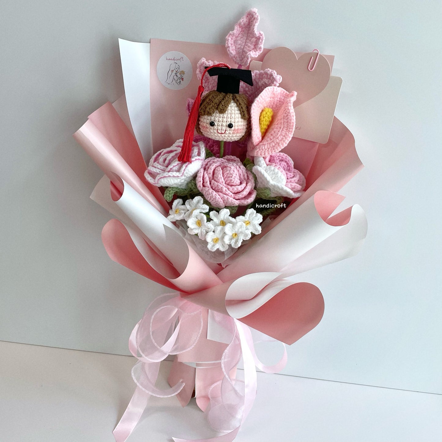 handicroft singapore handmade crochet graduation flower bouquet grad goals pink