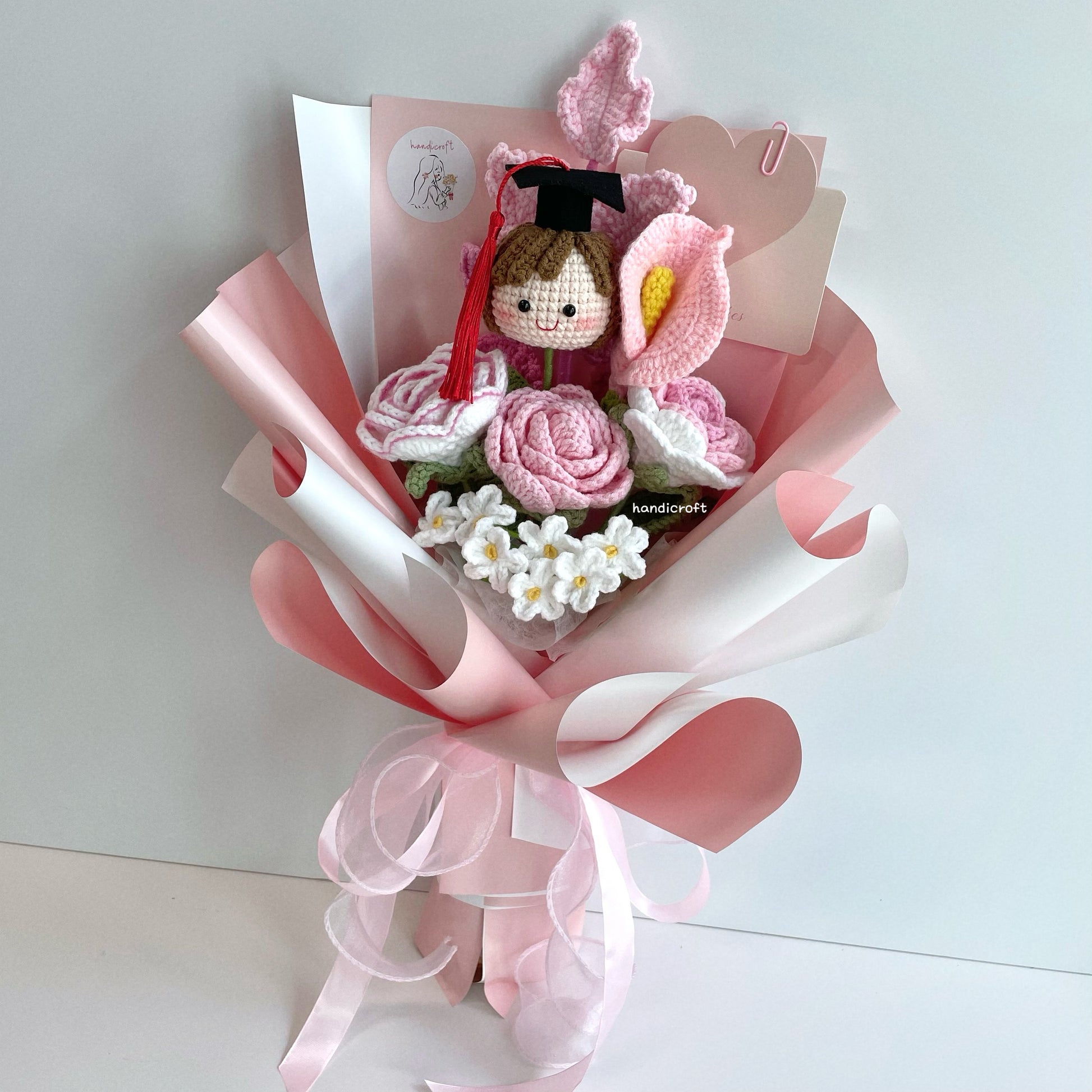 handicroft singapore handmade crochet graduation flower bouquet grad goals pink