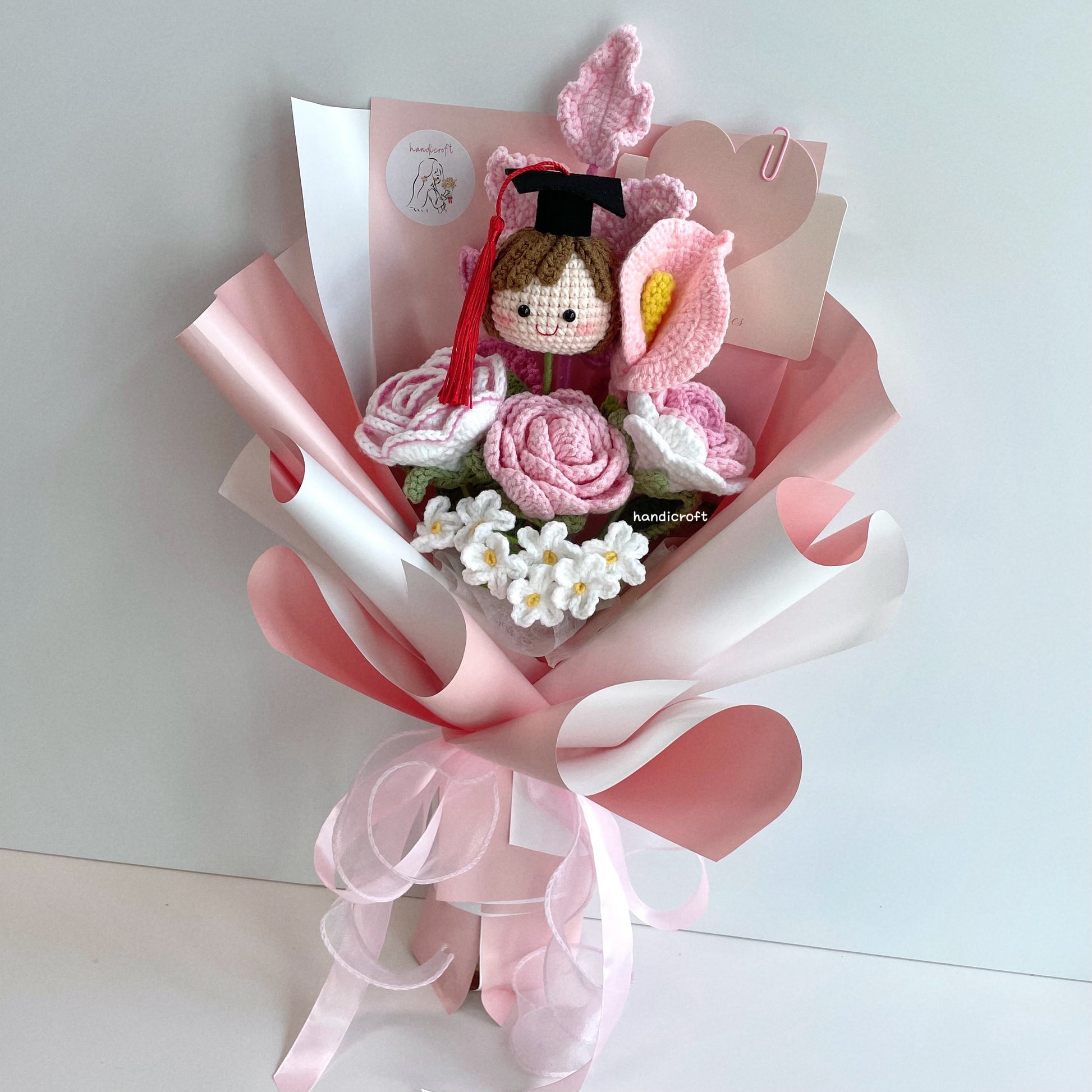 handicroft singapore handmade crochet graduation flower bouquet grad goals pink