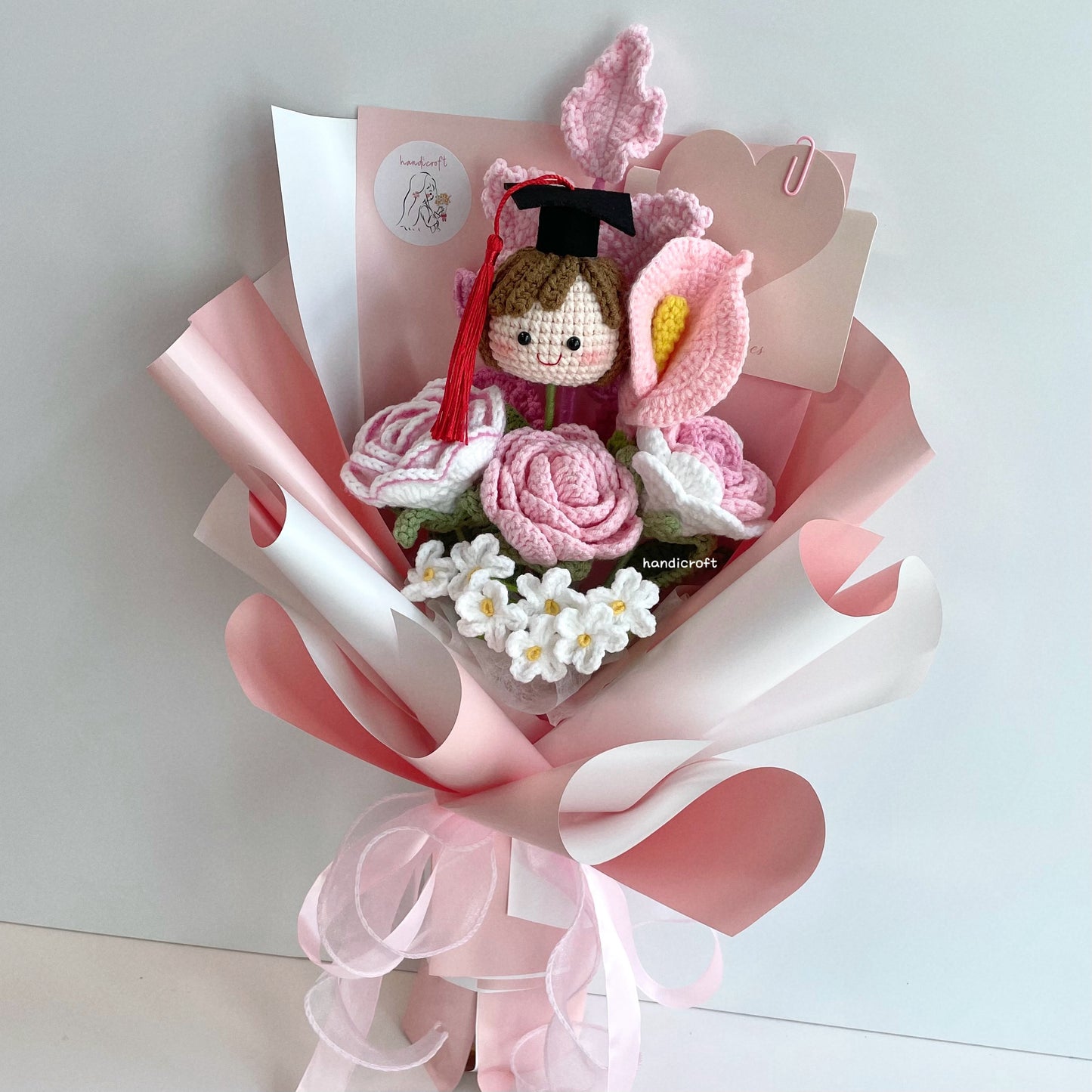 handicroft singapore handmade crochet graduation flower bouquet grad goals pink