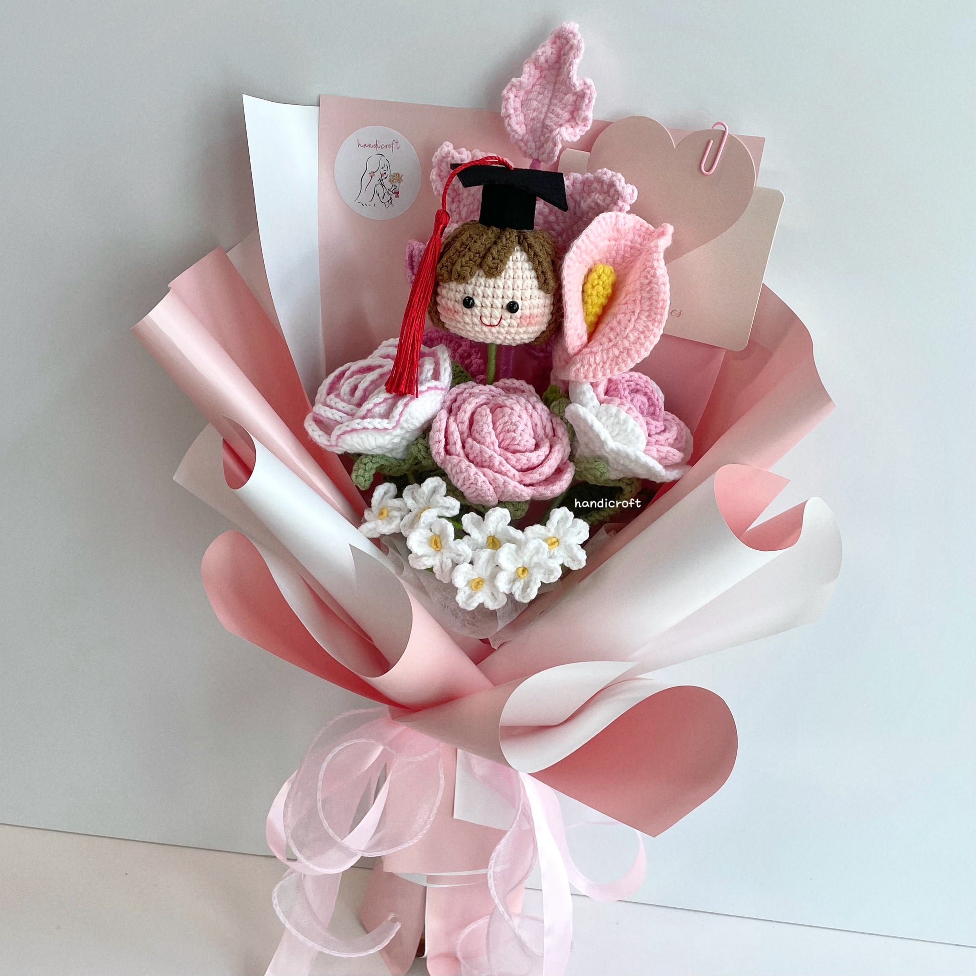 handicroft singapore handmade crochet graduation flower bouquet grad goals pink