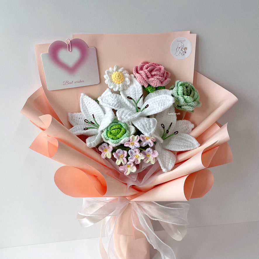 handicroft singapore handmade crochet lily pink and green flower bouquet lily's love in bloom